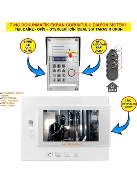 7 inç Dokunmatik Ekranlı Görüntülü Diafon Sistemi (Tek Daire içindir Şifre + Kartlı Geçiş vardır)