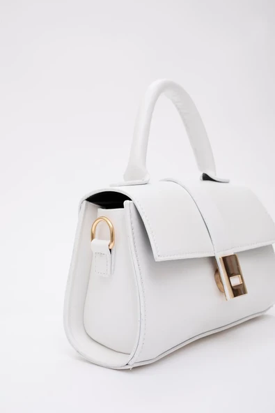 Beyaz Asia Suni Deri Çıtçıtlı Ayarlanabilir Askılı Kadın El, Kol Ve Omuz Çantası