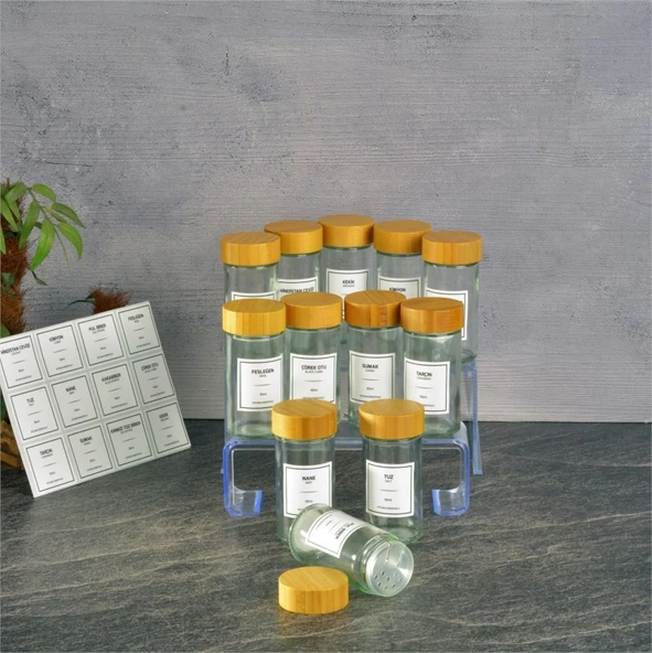 Basic cam tuzluk - 12 li tuzluk biberlik baharatlık bambu kapaklı 90 ml.etiketli