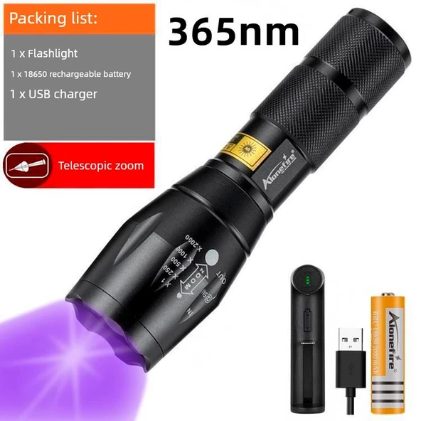 Mor Işıklı Para Tanıma El Feneri - E17 Violet/365nm Seti (MC3 + 1 18650 Pil)