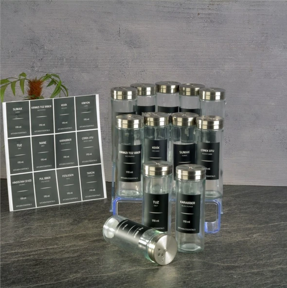 Basic cam tuzluk - 12 li tuzluk biberlik baharatlık 170 ml.etiketlik