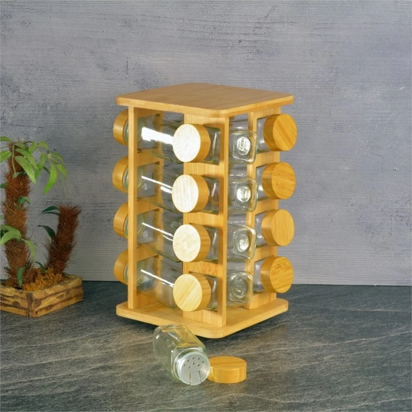 Bambu standlı basic cam tuzluk - 16 lı tuzluk biberlik baharatlık kare 125 ml.