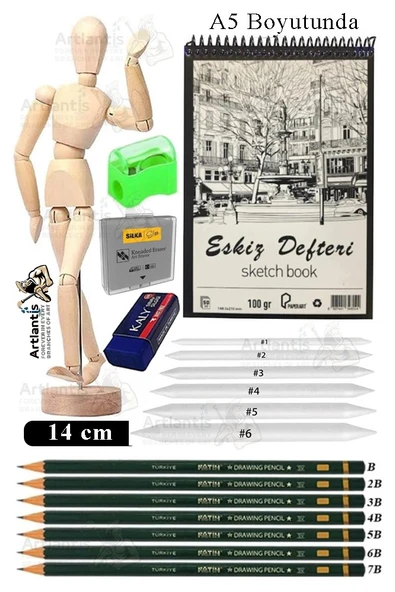 Ahşap İnsan Modeli 14 cm A5 15x21cm Eskiz Defteri Dereceli Karakalem Seti Dağıtma Kalemi Hamur Silgi Kalemtraş