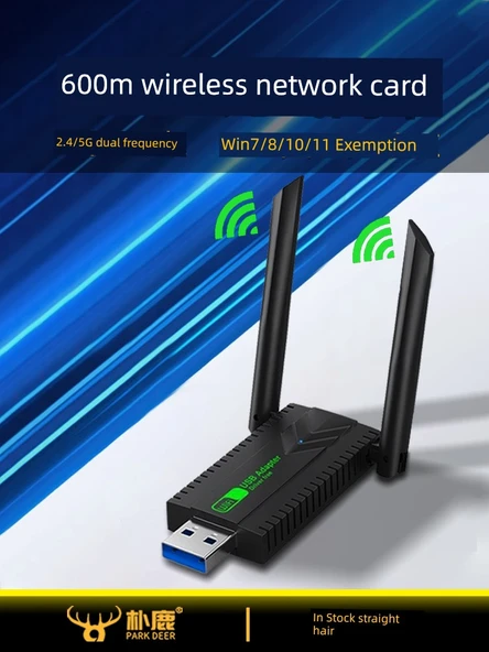Çift Bant Sürücüsüz USB Kablosuz Ağ Kartı - Harici Antenli 650m - 2
