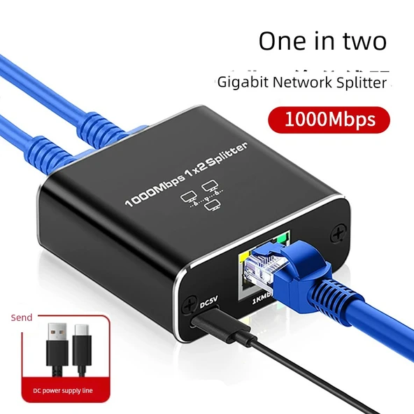 Gigabit Ethernet Ağ Ayırıcı - 1'den 2 Porta + DC Güç
