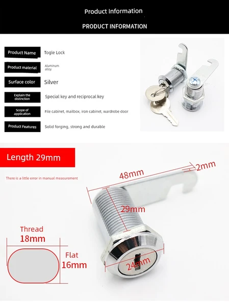 Kilit - Tek Açık Merkez 20mm Silindir [2 Anahtar] - 10