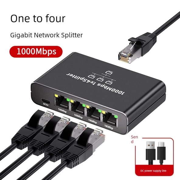 Gigabit Ethernet Ağ Ayırıcı - 1'den 4 Porta + DC Güç