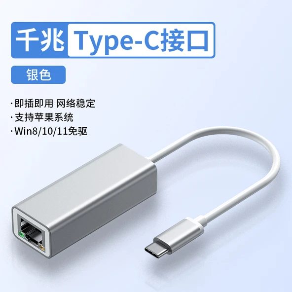 Type-C - RJ45 Gigabit Ethernet Adaptörü - Alüminyum Gümüş