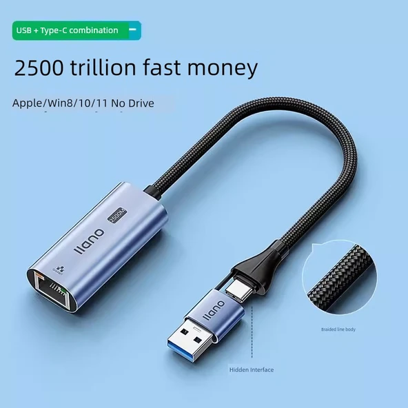 USB Type-C 2.5G Gigabit Ethernet Adaptörü - [USB + Type-C 2'si 1 Arada]