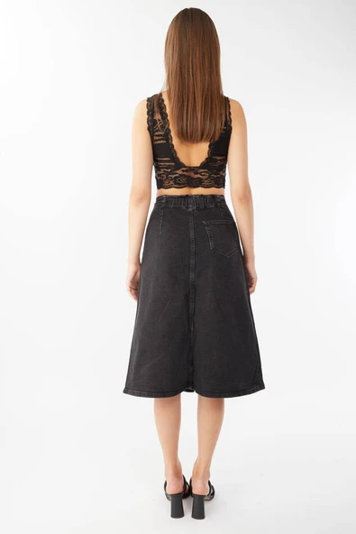 Önden Düğmeli Sabit Kemerli Jean Etek - 4