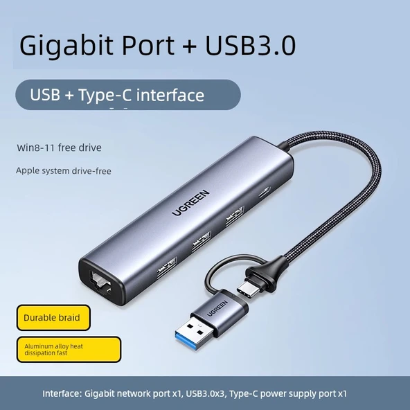 USB - Ethernet Adaptörü - Gigabit Çift Başlı Alaşım