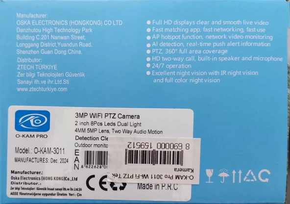 O-KAM Pro 3011 Wi-Fi PTZ 360? İç ve Dış Mekan Akıllı Kamera 3MP - 5MP IP66 - 4