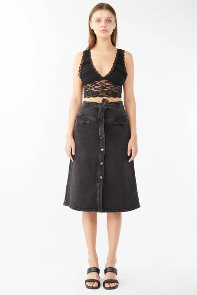 Önden Düğmeli Sabit Kemerli Jean Etek - 2