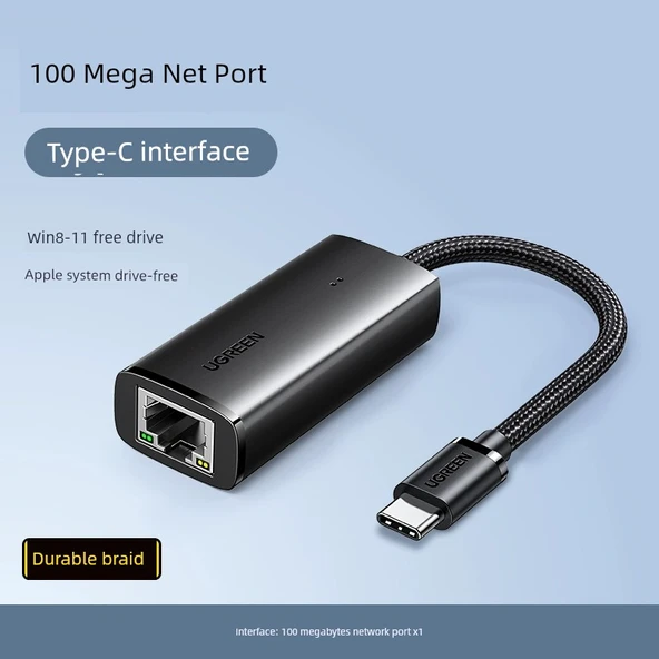 Type-C - Ethernet Adaptörü - 100Mbps Örgülü