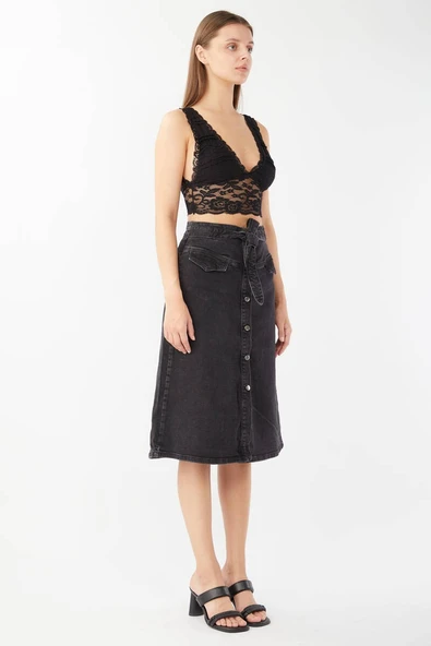 Önden Düğmeli Sabit Kemerli Jean Etek - 3