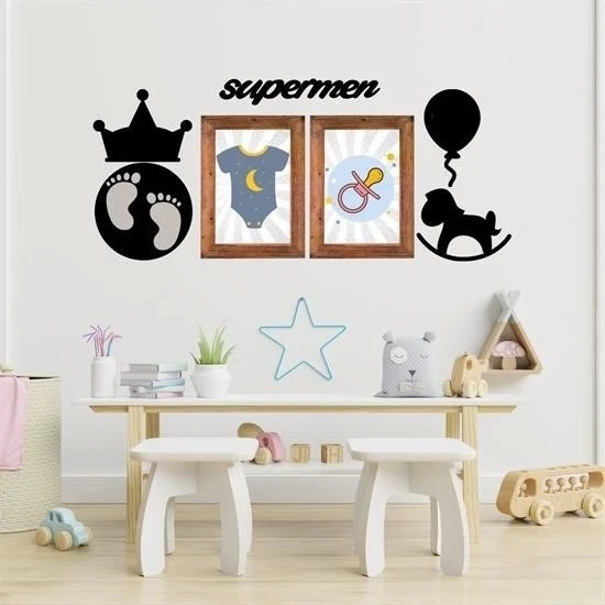 Deco103 Supermen Dekoratif Duvar Süsü Tablo Aksesuar Ahşap Tasarım Hediye Pano Sticker Seti - 6