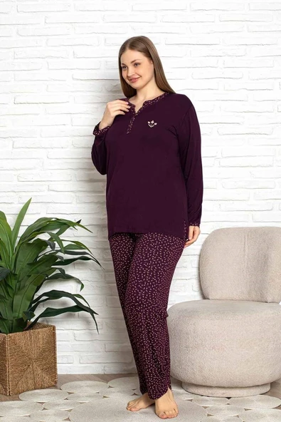 Kadın Mürdüm Desenli V Yaka 3 Düğmeli Likralı Viskon Mevsimlik Uzun Kol Pijama Takımı - 9