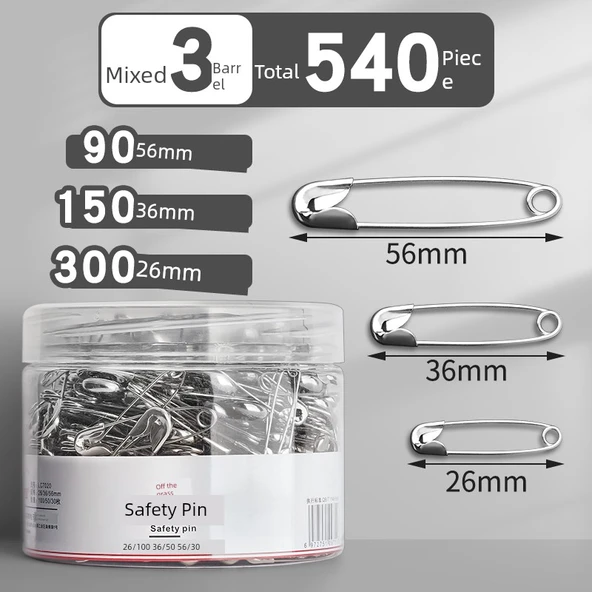 Metal Çengelli İğne - Karışık Boyutlar (26+36+56mm) - 3 Varil - Toplam 540 Adet