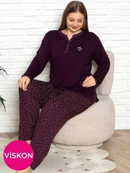 Kadın Mürdüm Desenli V Yaka 3 Düğmeli Likralı Viskon Mevsimlik Uzun Kol Pijama Takımı - 8