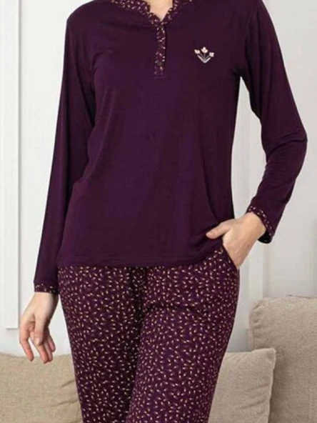 Kadın Mürdüm Desenli V Yaka 3 Düğmeli Likralı Viskon Mevsimlik Uzun Kol Pijama Takımı - 12