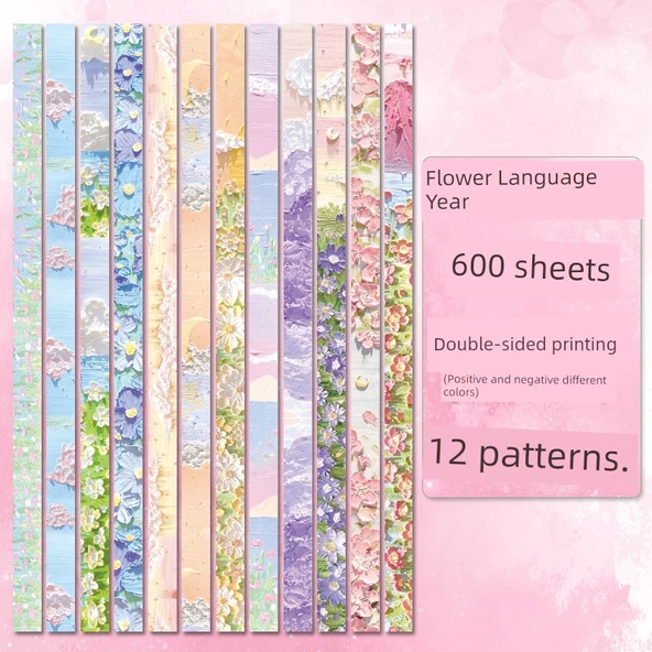 Yağlı Boya Stili Laminasyonlu Kağıt - 600 Yaprak [Çiçek Dili Yılı] 12 Desen - 1 Paket