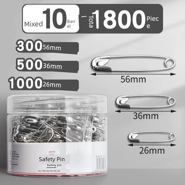 Metal Çengelli İğne - Karışık Boyutlar (26+36+56mm) - 10 Varil - Toplam 1800 Adet