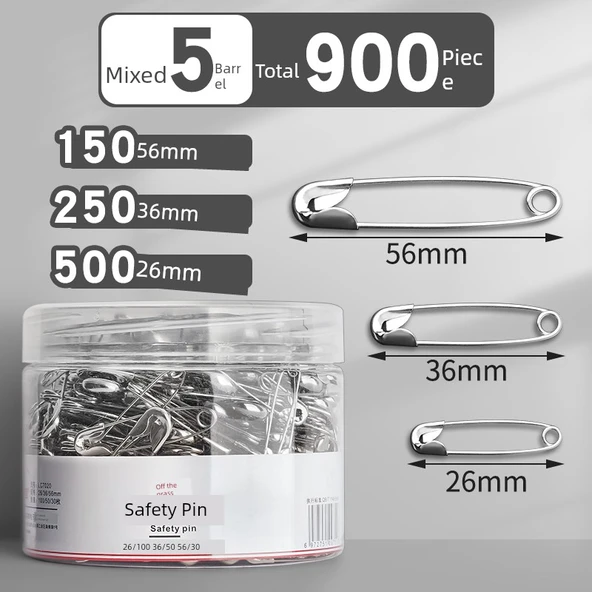 Metal Çengelli İğne - Karışık Boyutlar (26+36+56mm) - 5 Varil - Toplam 900 Adet