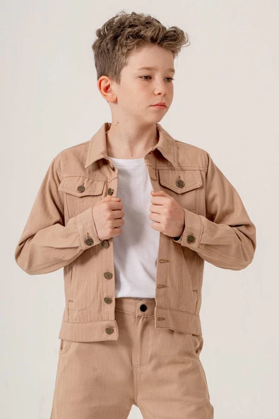 Çift Cepli Düğmeli Gabardin Erkek Çocuk Ceket