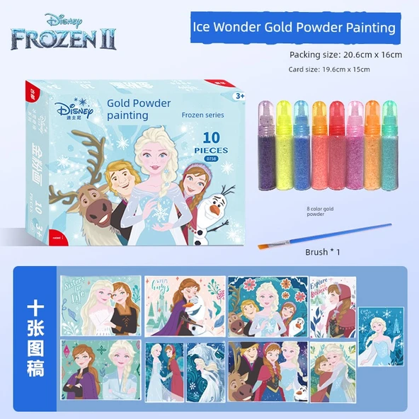 DIY Altın Tozu Boyama Seti - Frozen - 10 Resim, 8 Renk Kum ve Fırça