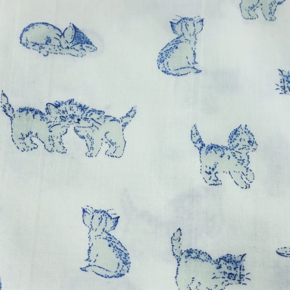 Kedi Desenli Pamuklu Kumaş - Ağartılmış Mavi Kedi 50x70cm