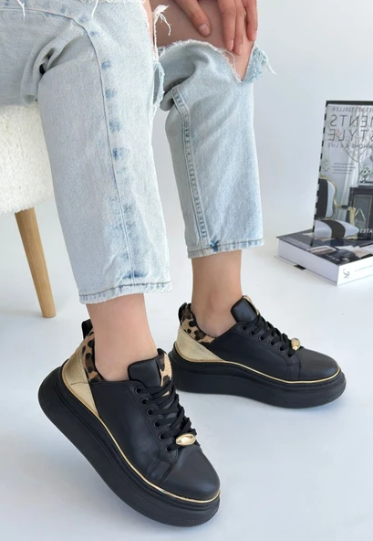 Jista Siyah Cilt Sarı Detaylı Bağcıklı Spor Ayakkabı - 2