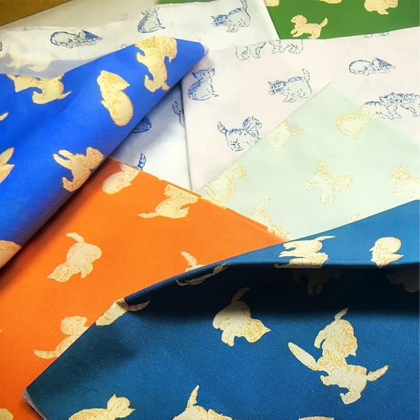 Kedi Desenli Pamuklu Kumaş - Göl Mavisi Turuncu Kedi 50x70cm - Resim 6