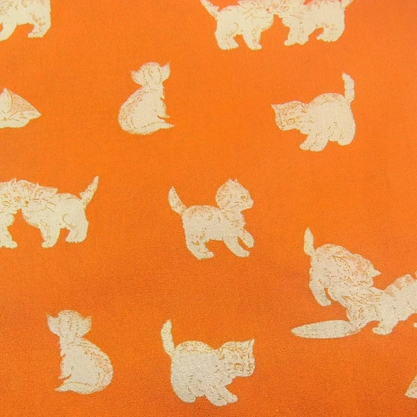 Kedi Desenli Pamuklu Kumaş - Turuncu Turuncu Kedi 50x70cm