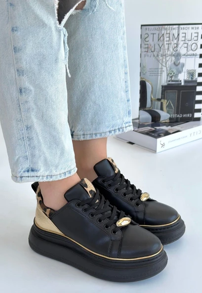 Jista Siyah Cilt Sarı Detaylı Bağcıklı Spor Ayakkabı - 3