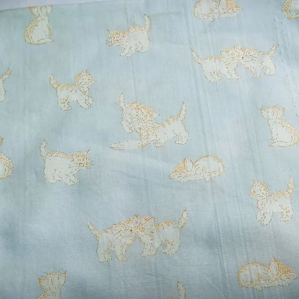 Kedi Desenli Pamuklu Kumaş - Açık Mavi Turuncu Kedi 50x70cm
