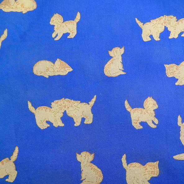 Kedi Desenli Pamuklu Kumaş - Mavi Turuncu Kedi 50x70cm