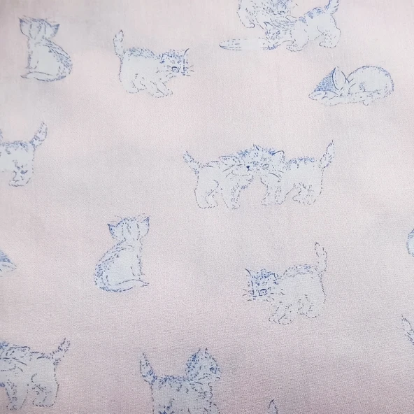 Kedi Desenli Pamuklu Kumaş - Açık Pudra Açık Mavi Kedi 50x70cm