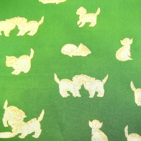 Kedi Desenli Pamuklu Kumaş - Yeşil Turuncu Kedi 50x70cm