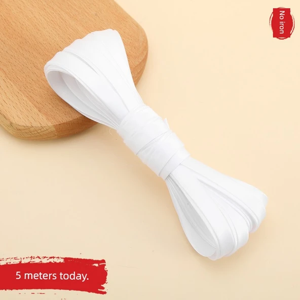 Polyester Cheongsam Kumaş - Ütü Gerektirmeyen İpek Şerit - 1cm - Beyaz (5m)