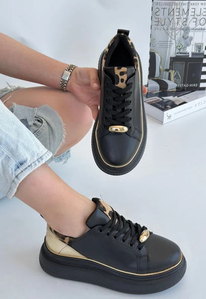 Jista Siyah Cilt Sarı Detaylı Bağcıklı Spor Ayakkabı