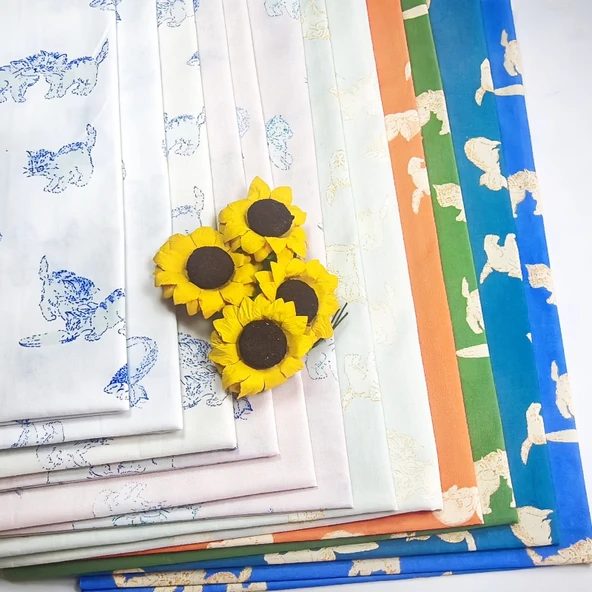 Kedi Desenli Pamuklu Kumaş - Göl Mavisi Turuncu Kedi 50x70cm - Resim 3