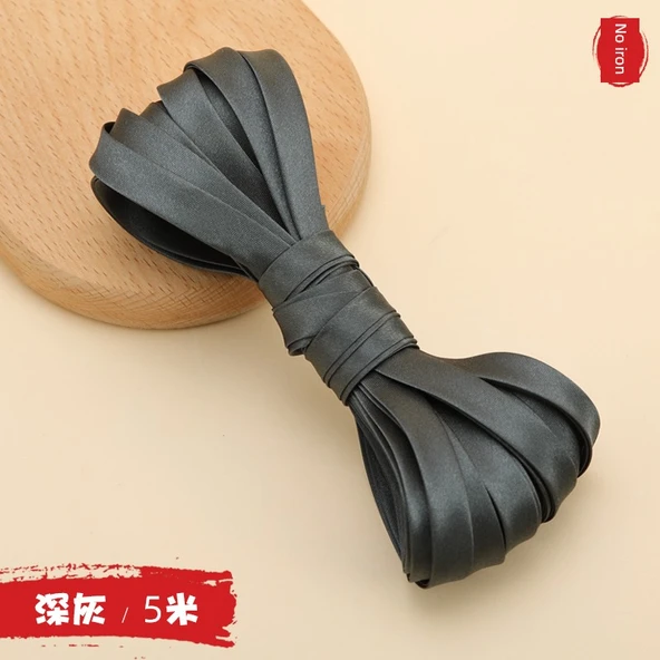 Polyester Cheongsam Kumaş - Ütü Gerektirmeyen İpek Şerit - 1cm - Koyu Gri (5m)