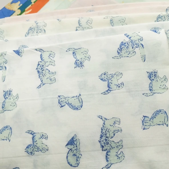 Kedi Desenli Pamuklu Kumaş - Açık Mavi Turuncu Kedi 50x70cm - 8