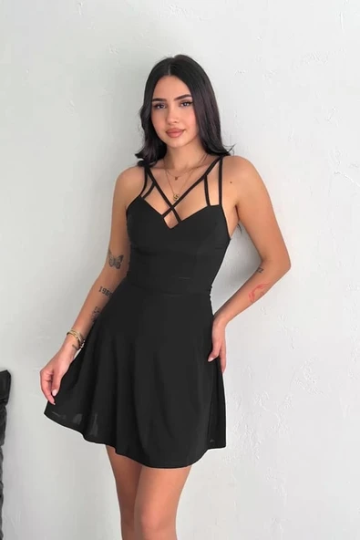 İnce çift askılı mini elbise - 5