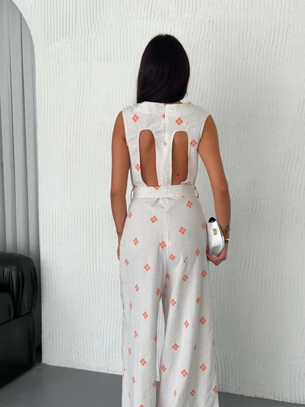 Sırt dekolteli keten beyaz tulum S1036 - 5
