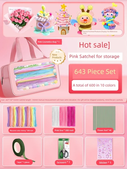 Çocuk DIY Bükülebilir Çubuk El Sanatları Seti - 643 Parça Pembe Çanta (Çok Satan, 10 Renk)