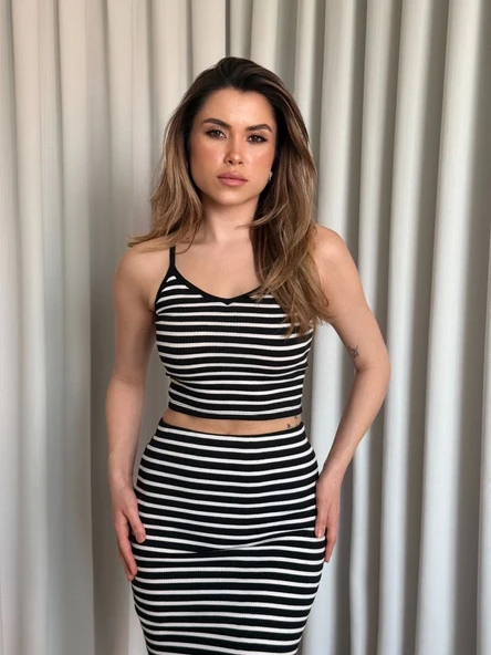 Çizgili etek crop takım - 3