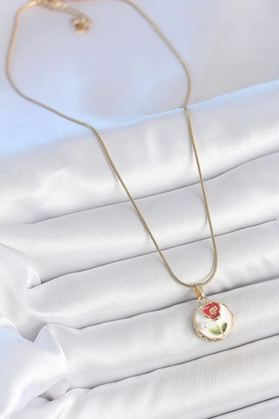 316L Çelik Gold Renk Zincir Beyaz Minimal Çiçek İşlemeli İnci Detay Portre Model Kadın Kolye - Resim 2