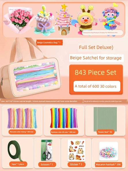DIY Bükülmüş Çubuk El Sanatları Seti - Deluxe Model 2, Bej Çanta, 843 Parça (30 Renk)