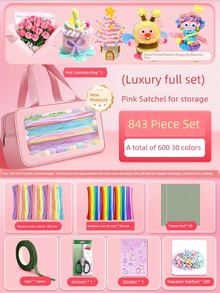 DIY Bükülebilir Çubuk El Sanatları Seti - Deluxe Tam Set Pembe Çanta, 843 Parça (30 Renk/600 Adet)